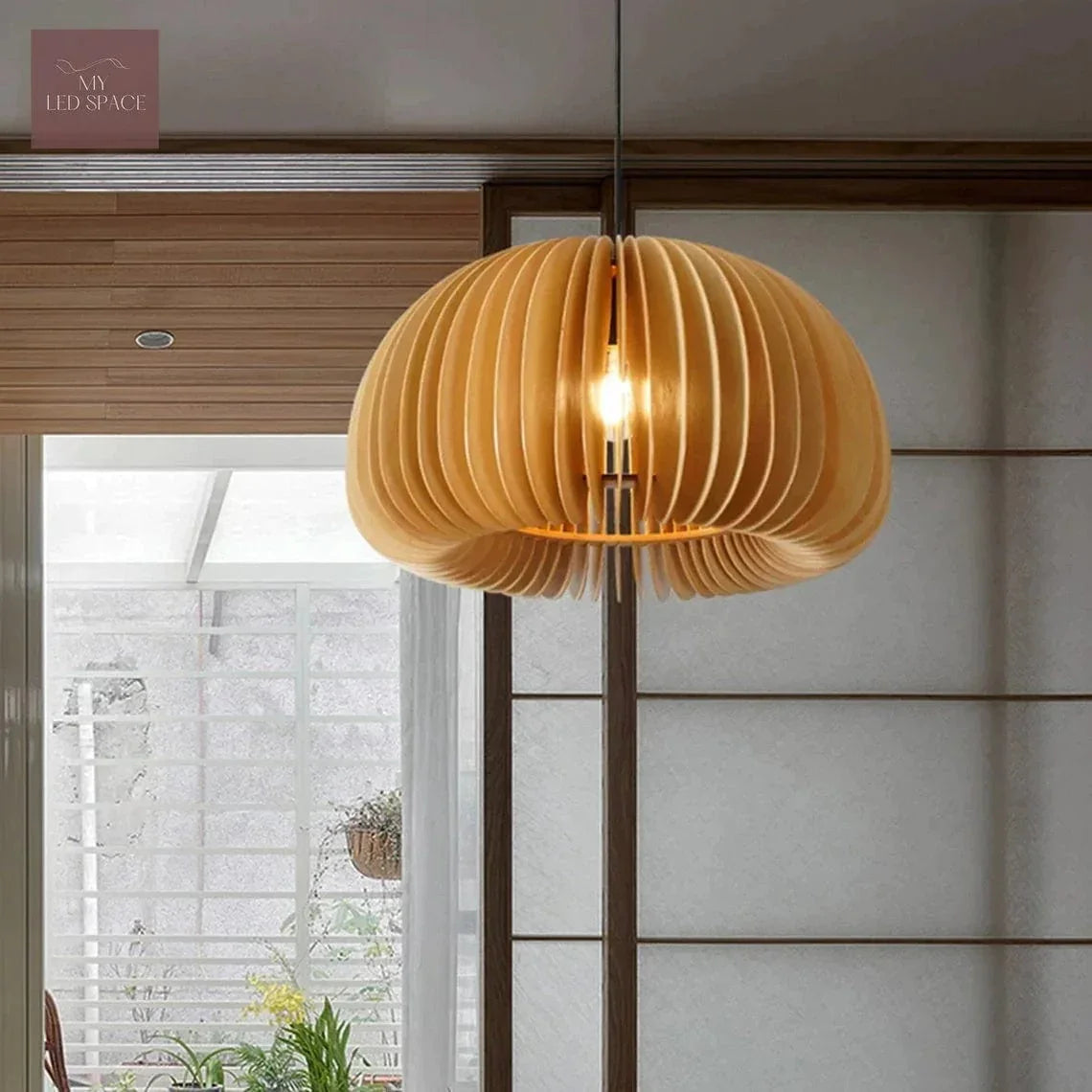 Metavaya Pendant lamp Dia 42cm x H 25cm / Wooden Wood Pumpkin Pendant Light 21213160022 M2022101504-2