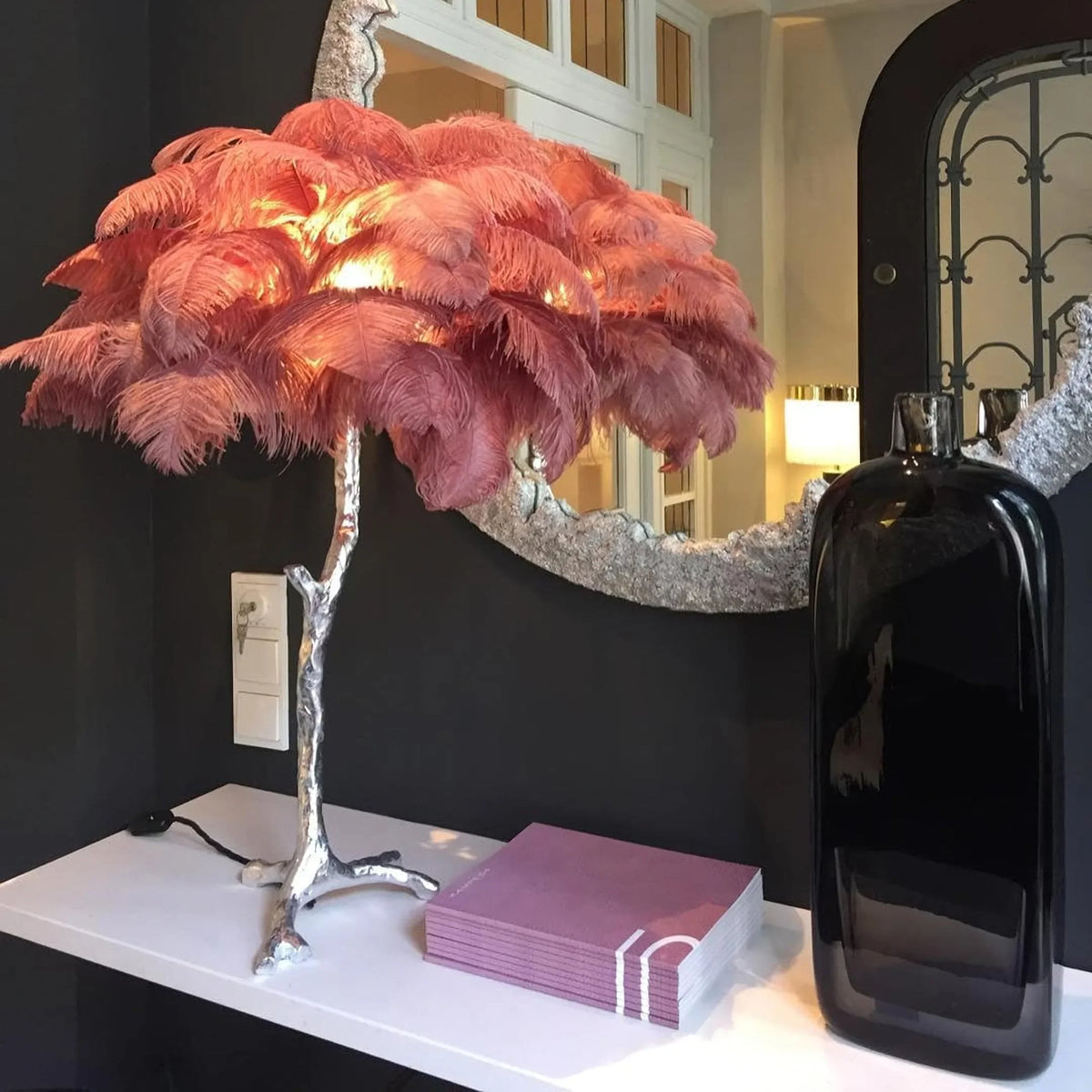 Metavaya Table lamp Dia 65cm x H 70cm / Polished brass / Oyster pink Ostrich Feather Table Lamp 323232414590 M2021121405-14 Shop Ostrich Feather Table Lamp Online
