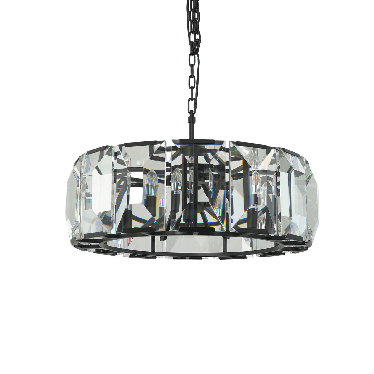 Round_Cut_Glass_Black_Frame_Chandelier_Plain_Background_Metavaya