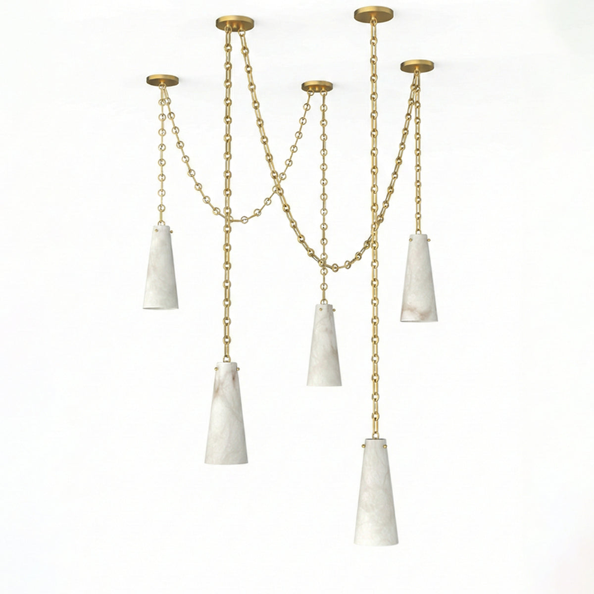 Vintage alabaster cluster chandelier with cascading brass chains and conical shades, isolated on a plain white background.