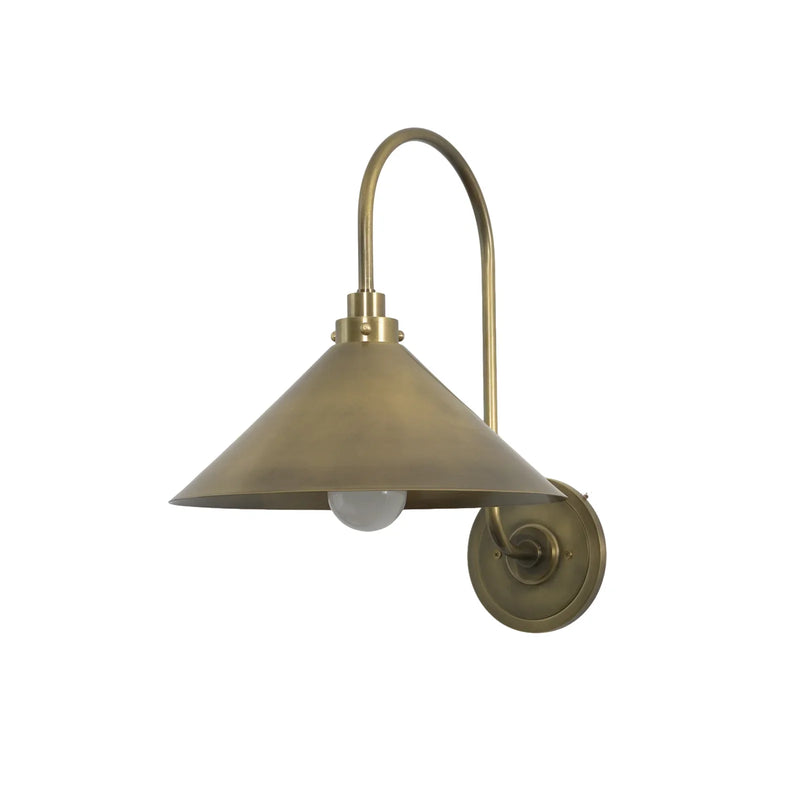 Gooseneck Cone Wall Sconce in antique brass finish, on white background