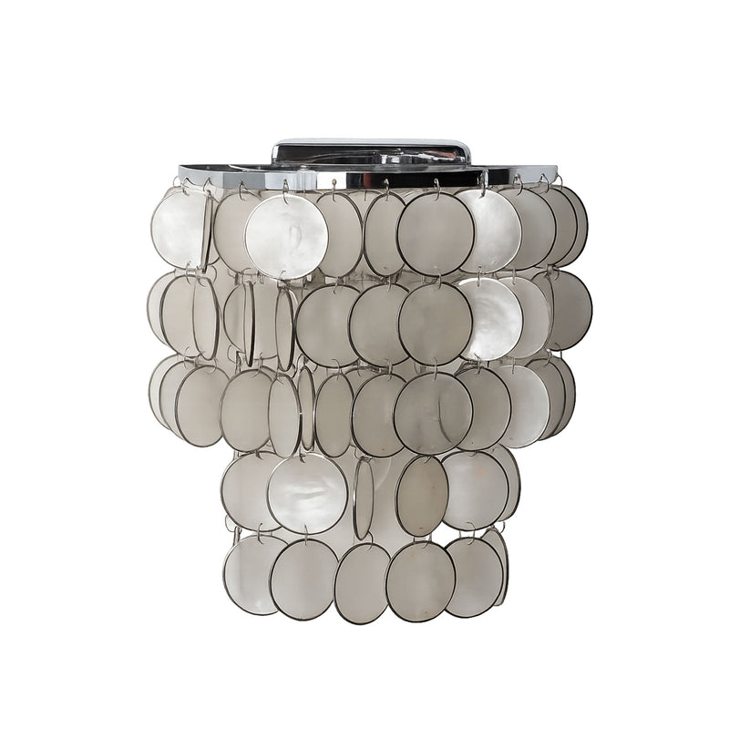 Round tiered capiz shell wall sconce with cascading shell discs, isolated on a plain white background.